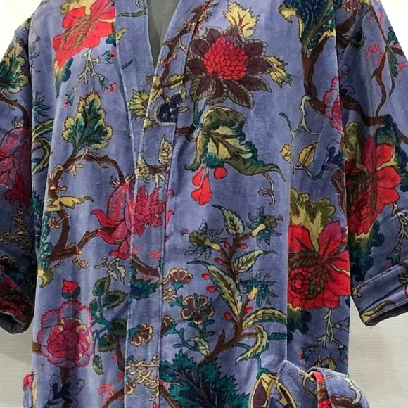Floral Print Velvet Kimono Luxury Jacket, Party Boho Robe Lounge Wear - Unisex - Picture 4 of 16
